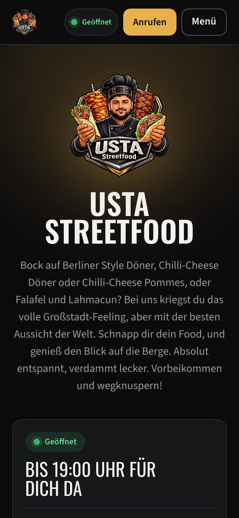 Startseite von USTA Streetfood am Handy